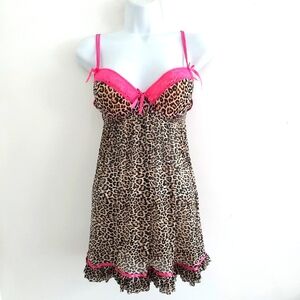 Rene Rofe Leopard Print Hot Pink Lace Mesh Slip Dress